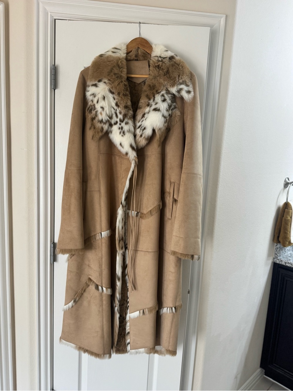 Suede Shearling Long Coat with Fur Trim - Camel